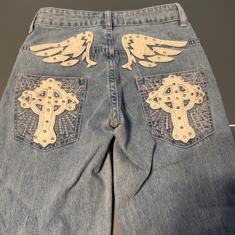 Disclosure Light Wash Wide Leg Jeans Wings Cross Rhinestone Y2K Size 00/23